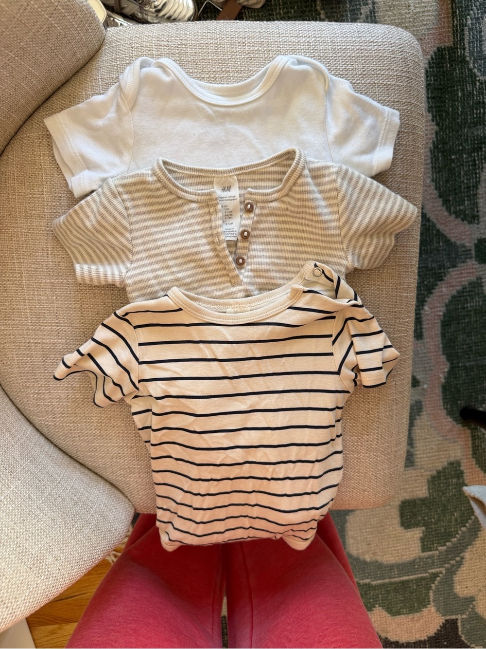H&M White, White & Navy Striped, Tan and White Striped Baby Onesie Trio